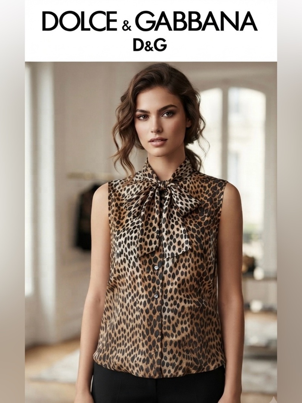 D&G Dolce & Gabbana Women's Sleeveless Leopard Print Tie-Neck Blouse Top